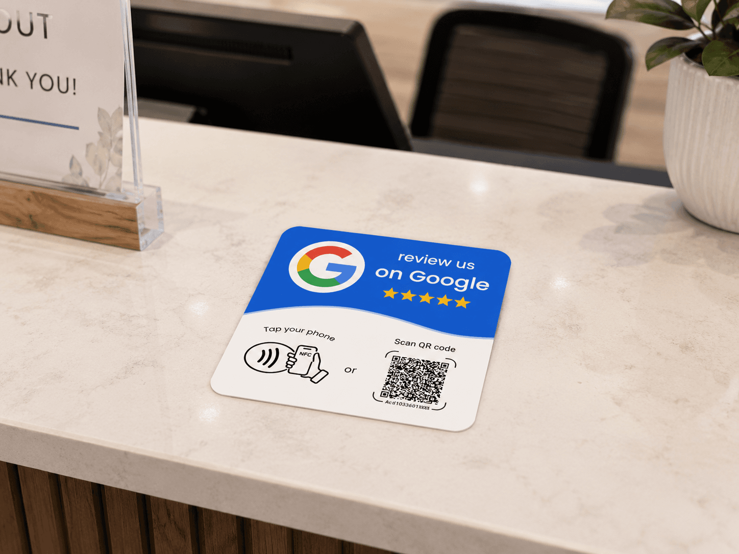 NFC review card at reception desk