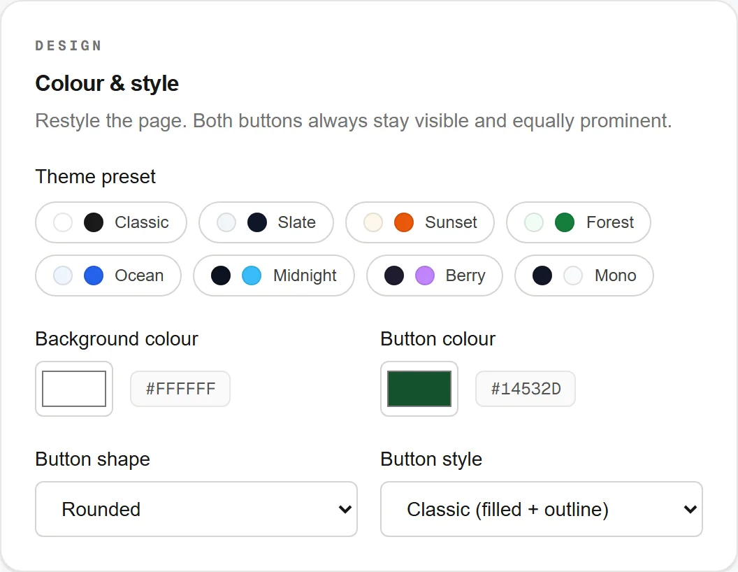 Review page design settings with theme presets and colour pickers