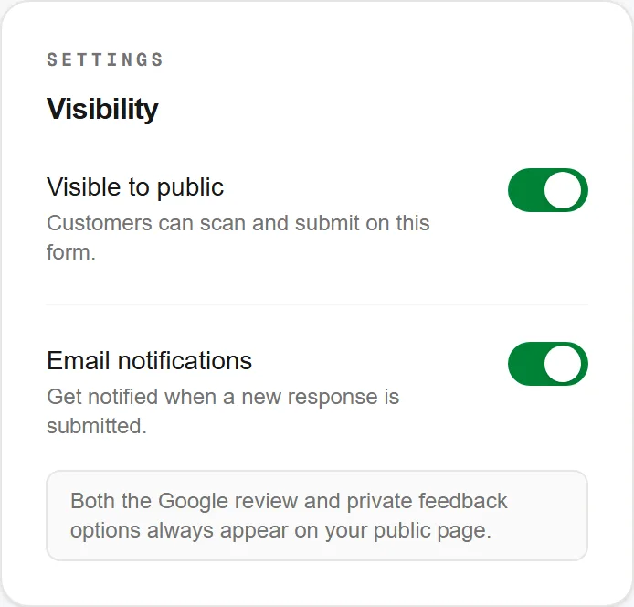 Email notification and visibility toggles for a review form