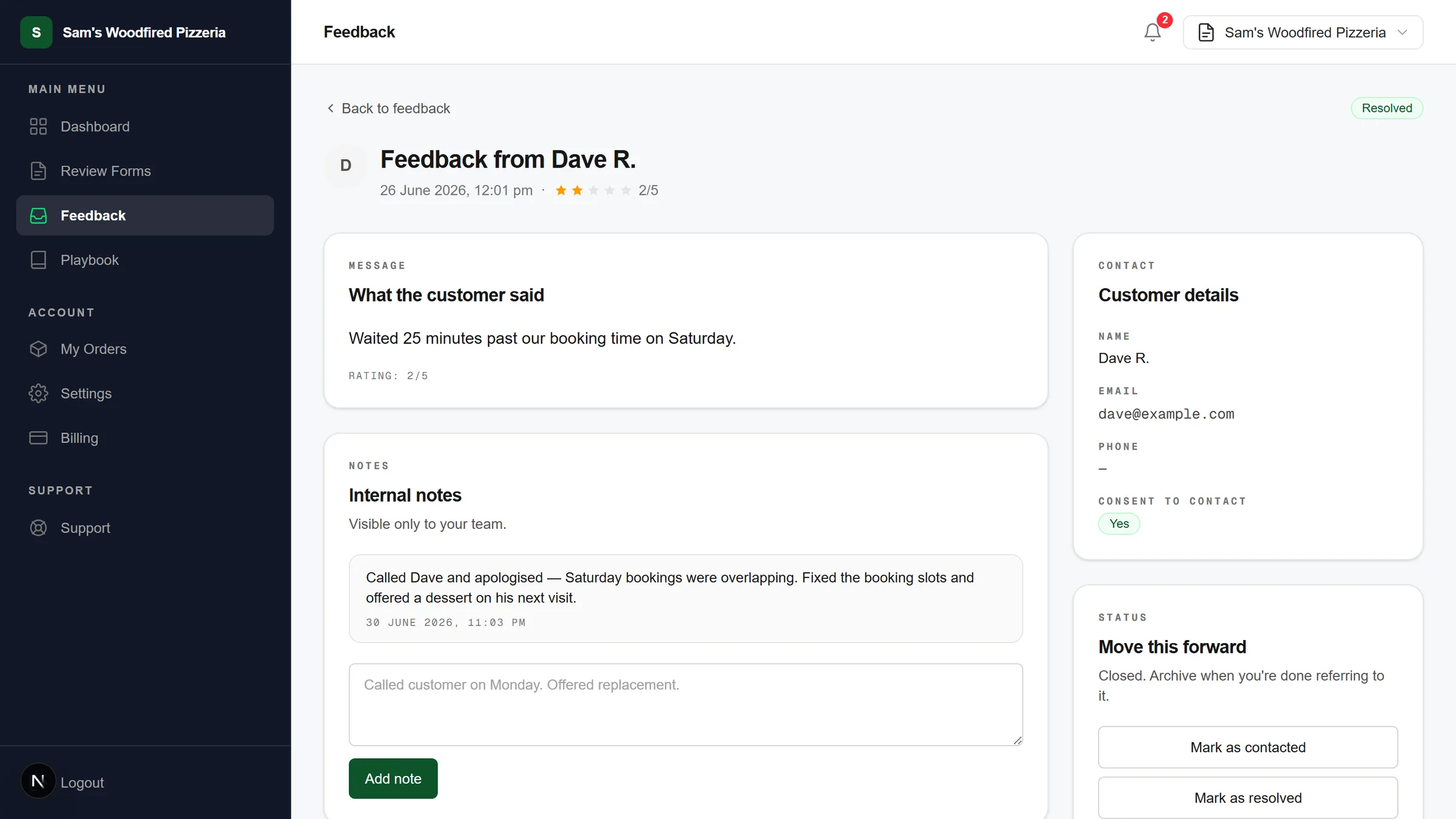 A single feedback thread: the customer's message, internal team notes, contact details, and status actions to resolve it