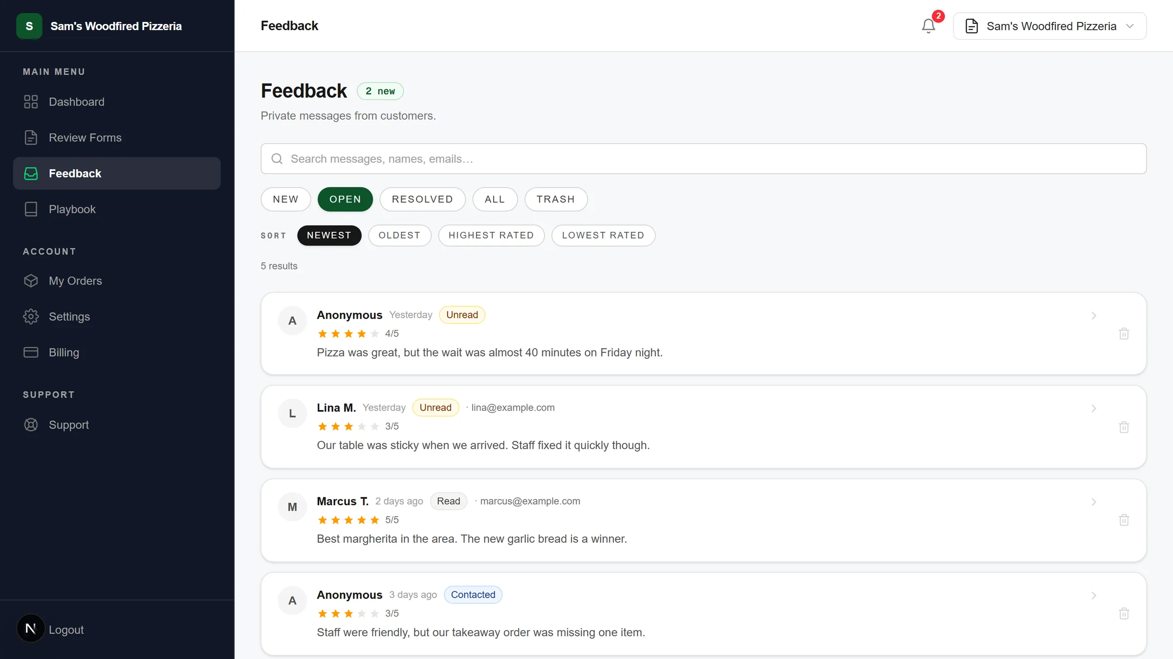 LocalReviewDesk private feedback inbox with search, status filters, star ratings, and one-click move to trash