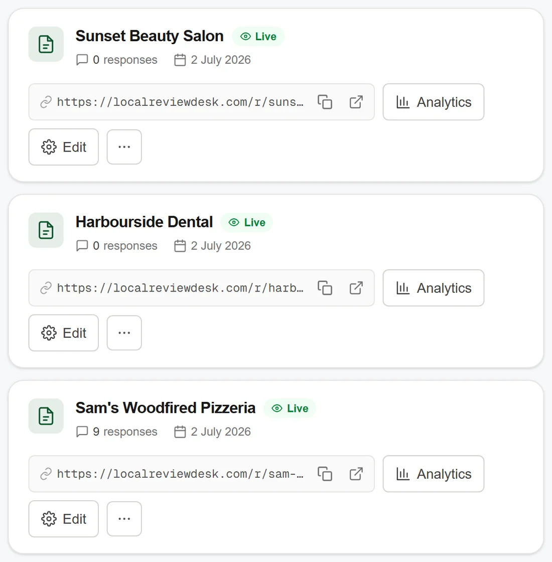 List of live review forms for multiple business locations
