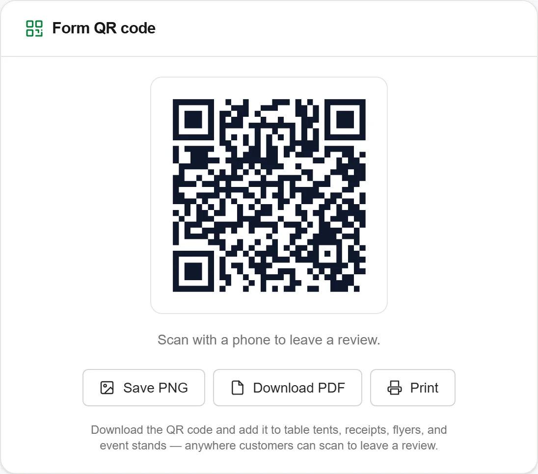 Generated review page QR code with PNG, PDF, and print options