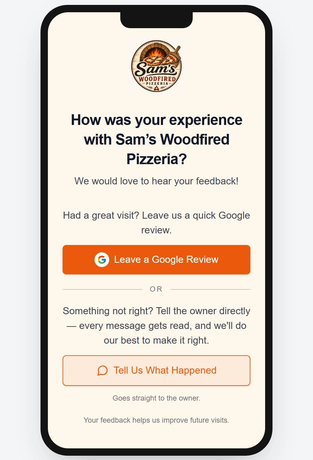 Customer review form previewed on a phone with Google review and private feedback buttons