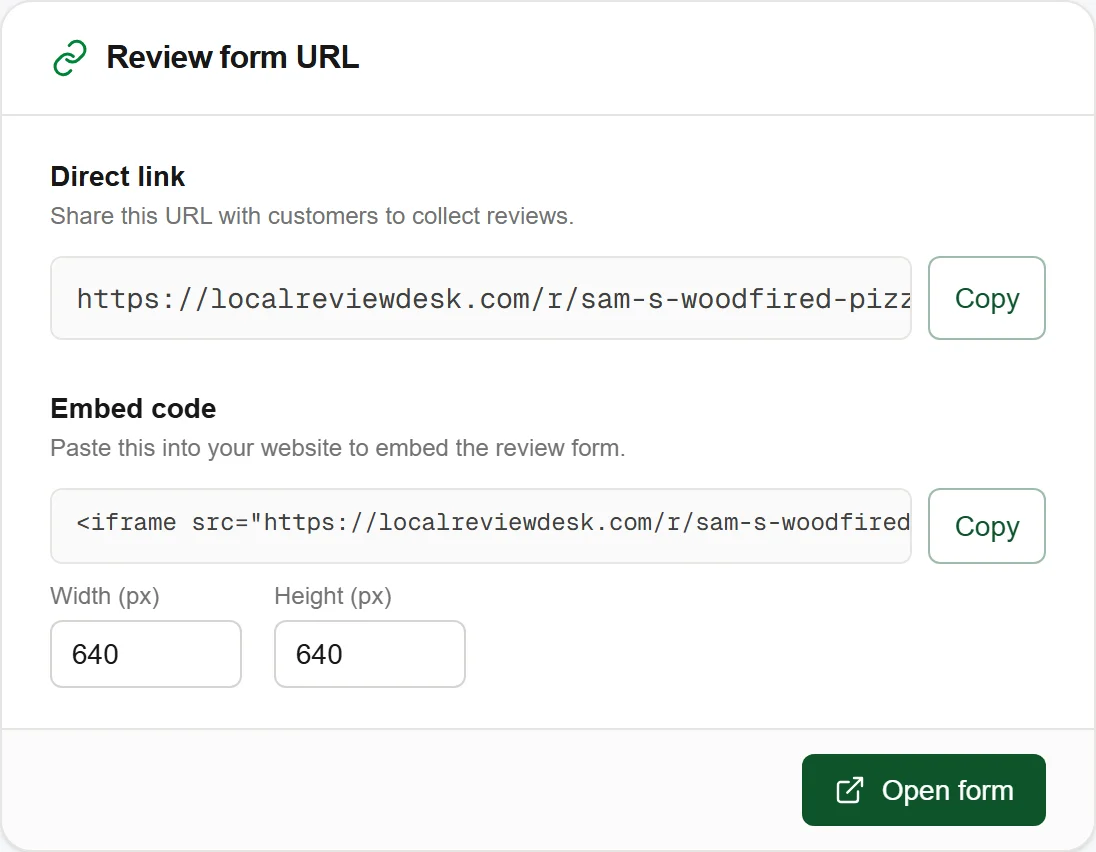 Shareable review form URL with copy button and embed code