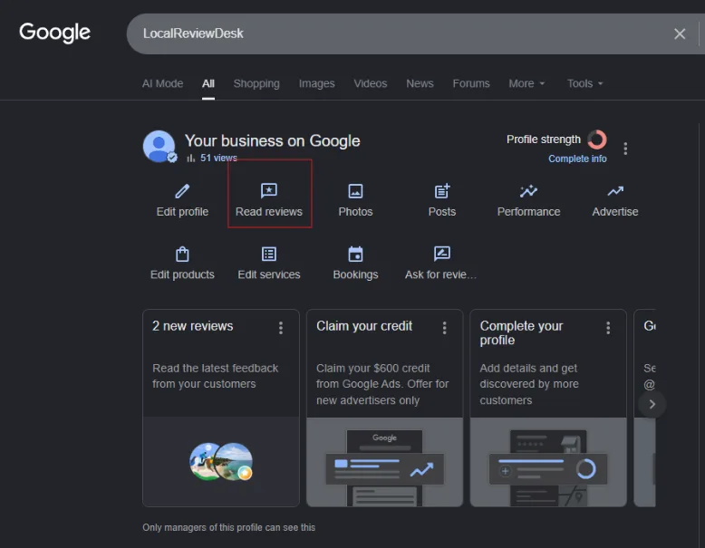 Google Business Profile dashboard with the reviews options