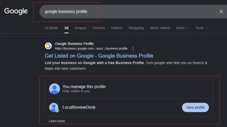 Searching a business name on Google to open its Business Profile