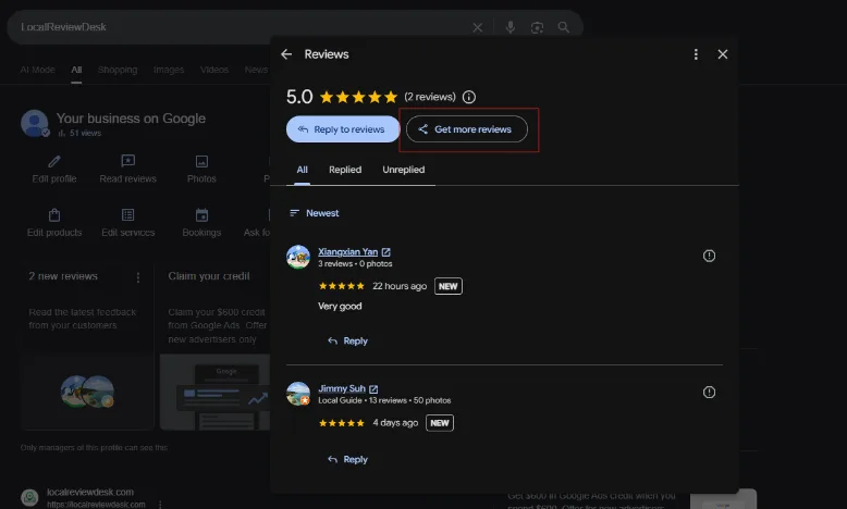 Google reviews panel with the Get more reviews button highlighted