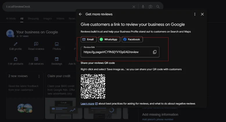 Google Get more reviews dialog showing the copyable review link