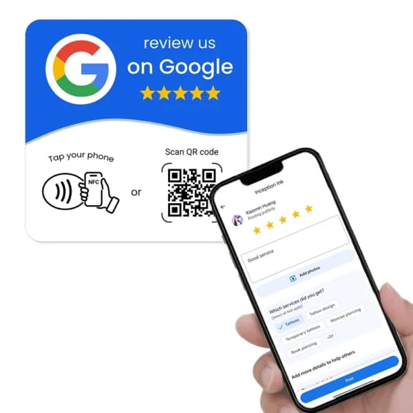 NFC review card — tap your phone or scan the QR code
