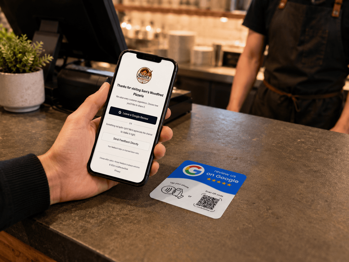 LocalReviewDesk branded QR review kit on a local business counter