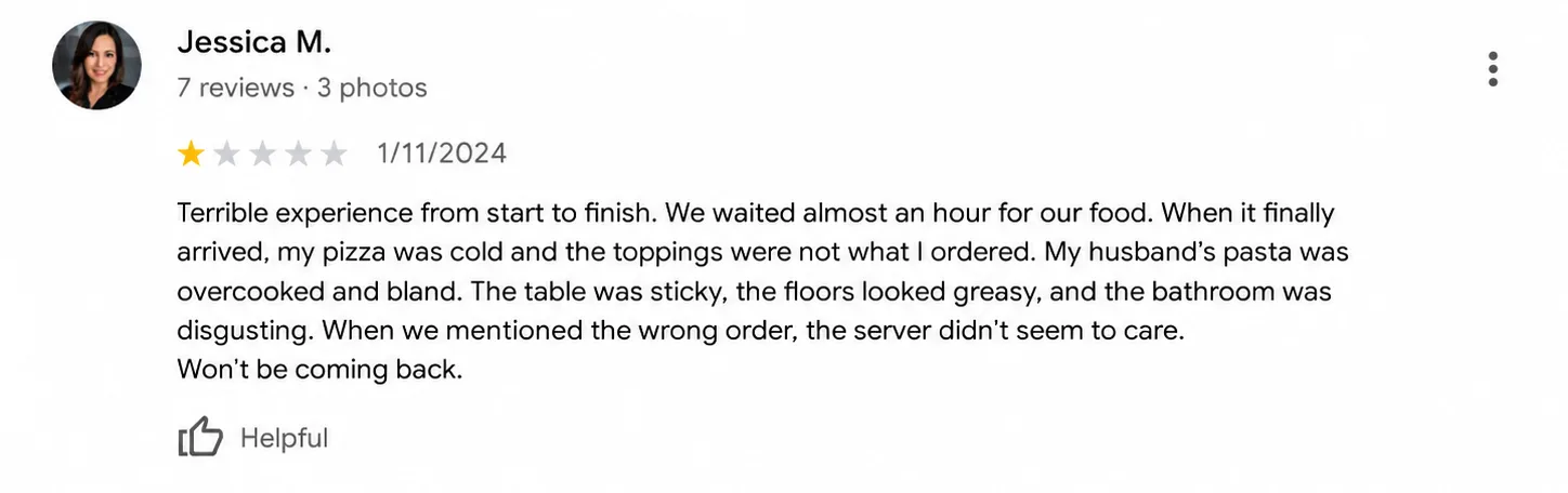 One-star Google review screenshot showing a negative customer experience