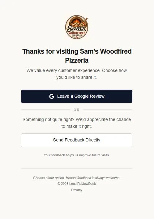 Review page for local businesses with Google review and private feedback options